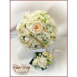 Pezsgő-arany-ekrü díszítésű menyasszonyi-örök-csokor+kitűzővel 