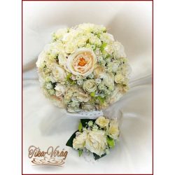   Pezsgő-arany-ekrü díszítésű menyasszonyi-örök-csokor+kitűzővel 