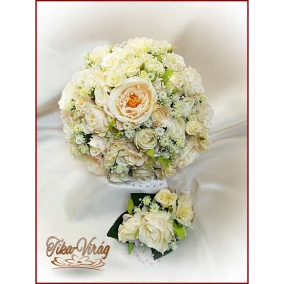 Pezsgő-arany-ekrü díszítésű menyasszonyi-örök-csokor+kitűzővel 