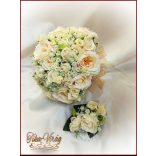 Pezsgő-arany-ekrü díszítésű menyasszonyi-örök-csokor+kitűzővel 