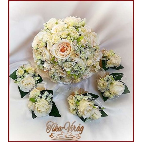 Pezsgő-arany-ekrü díszítésű menyasszonyi-örök-csokor+kitűzővel 