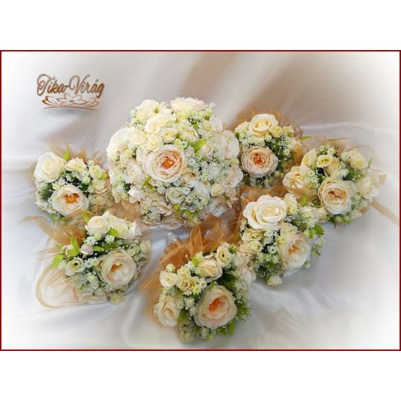 Pezsgő-arany-ekrü díszítésű menyasszonyi-örök-csokor+kitűzővel 