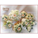 Pezsgő-arany-ekrü díszítésű menyasszonyi-örök-csokor+kitűzővel 