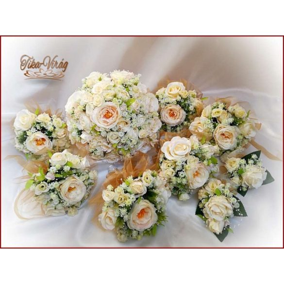Pezsgő-arany-ekrü díszítésű menyasszonyi-örök-csokor+kitűzővel 