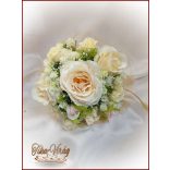 Pezsgő-arany-ekrü díszítésű koszorúslány-, dobó-, örök-csokor 