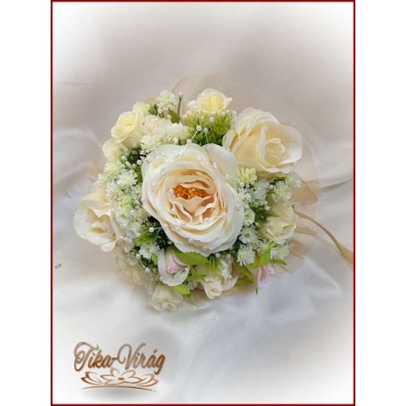 Pezsgő-arany-ekrü díszítésű koszorúslány-, dobó-, örök-csokor 