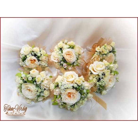 Pezsgő-arany-ekrü díszítésű koszorúslány-, dobó-, örök-csokor 