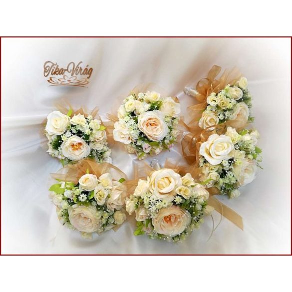 Pezsgő-arany-ekrü díszítésű koszorúslány-, dobó-, örök-csokor 