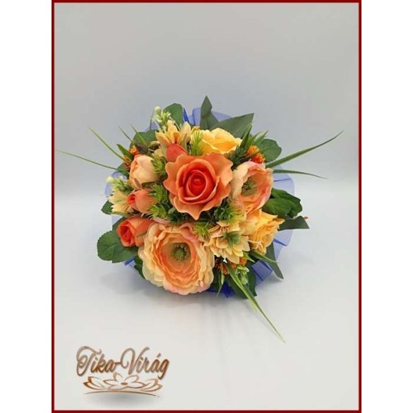 Narancsos rózsa-örök csokor, szellőrózsával és liziantusszal 