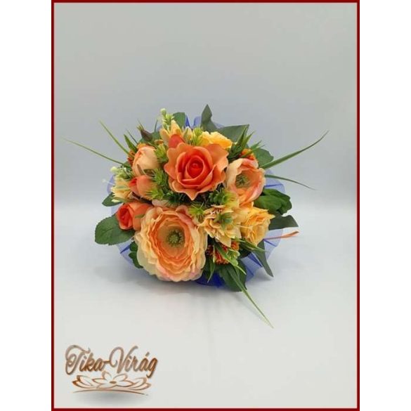 Narancsos rózsa-örök csokor, szellőrózsával és liziantusszal 