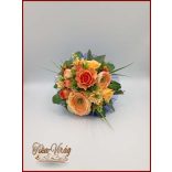 Narancsos rózsa-örök csokor, szellőrózsával és liziantusszal 