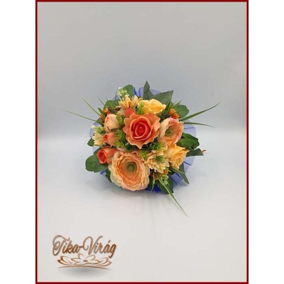 Narancsos rózsa-örök csokor, szellőrózsával és liziantusszal 