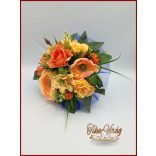 Narancsos rózsa-örök csokor, szellőrózsával és liziantusszal 