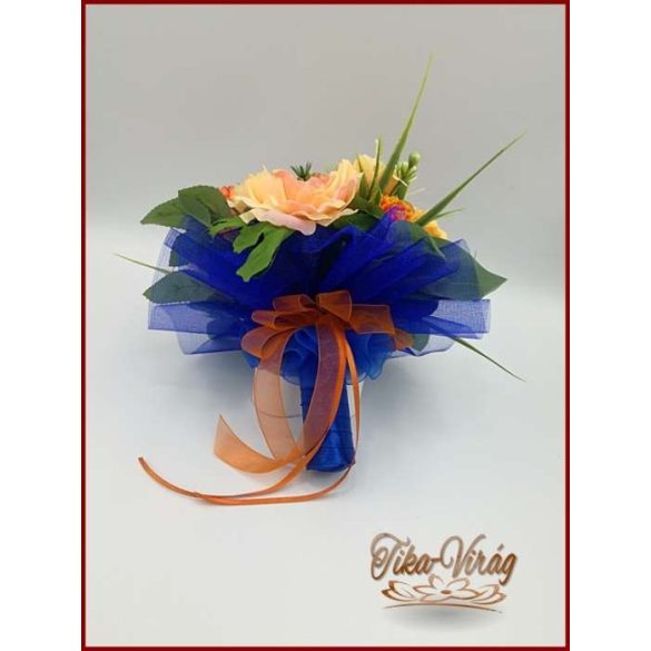 Narancsos rózsa-örök csokor, szellőrózsával és liziantusszal 