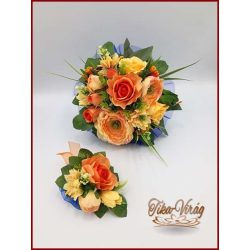   NARANCSOS RÓZSA-ÖRÖK CSOKOR, SZELLŐRÓZSÁVAL ÉS LIZIANTUSSZAL + kitűzővel 