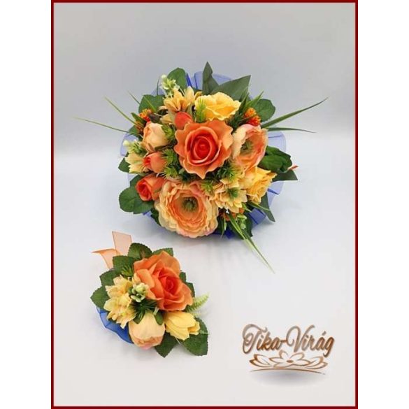 NARANCSOS RÓZSA-ÖRÖK CSOKOR, SZELLŐRÓZSÁVAL ÉS LIZIANTUSSZAL + kitűzővel 