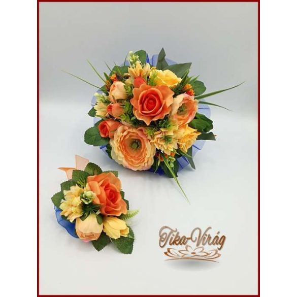 NARANCSOS RÓZSA-ÖRÖK CSOKOR, SZELLŐRÓZSÁVAL ÉS LIZIANTUSSZAL + kitűzővel 