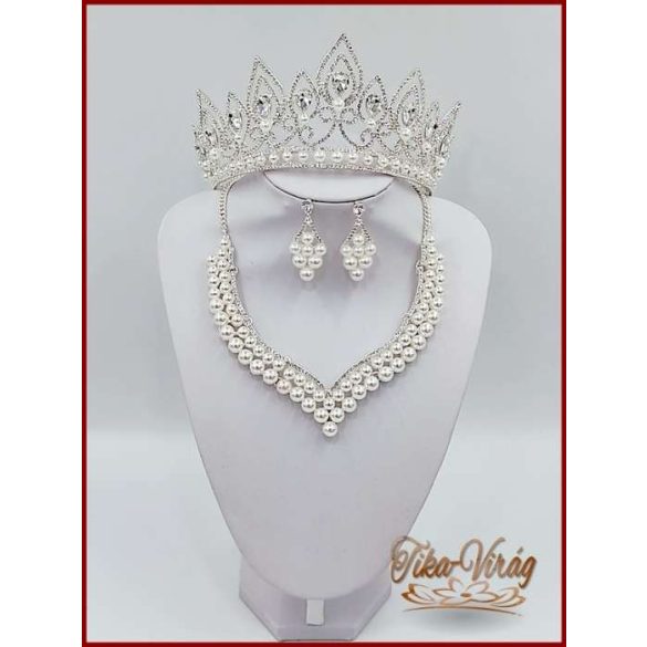 Korona fehér gyöngyökkel díszített + hozzá illő nyakék-szett variáció 180528.