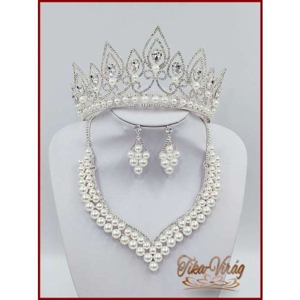 Korona fehér gyöngyökkel díszített + hozzá illő nyakék-szett variáció 180528.