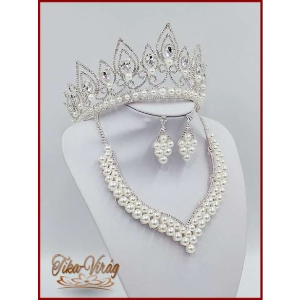 Korona fehér gyöngyökkel díszített + hozzá illő nyakék-szett variáció 180528.
