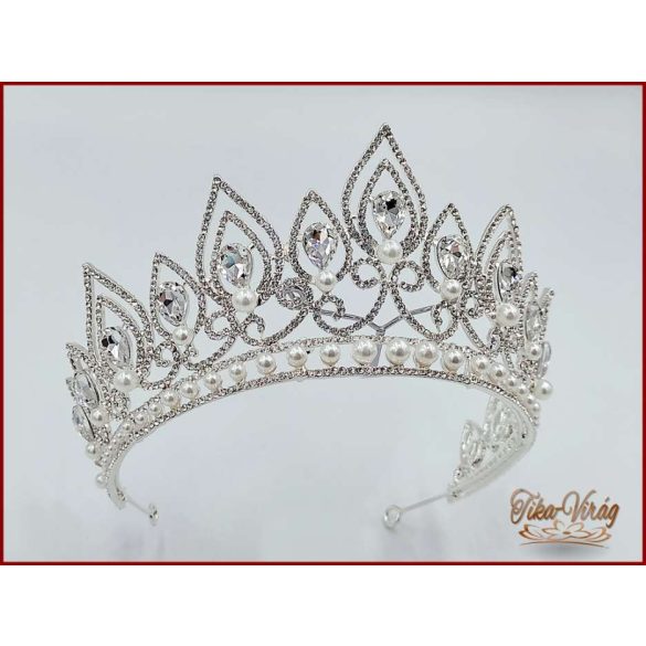 Korona fehér gyöngyökkel díszített + hozzá illő nyakék-szett variáció 180528.
