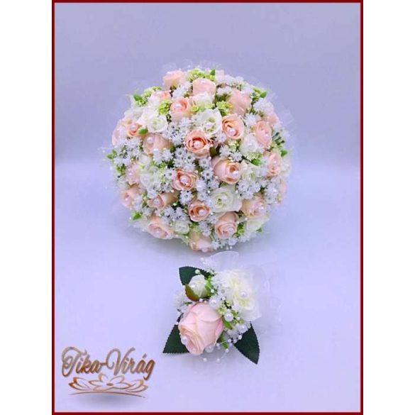 25 SZÁLAS RÓZSASZÍN-BARACKOS-FEHÉR-RÓZSÁS ÖRÖK-CSOKOR + kitűző 