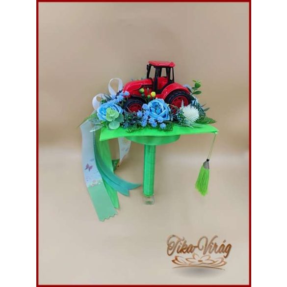 Ovis ballagási örök csokor fiúknak – piros traktoros egyedi ajándék