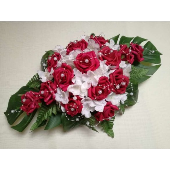 Bordó rózsás-fehér hortenziás örök-asztaldísz 