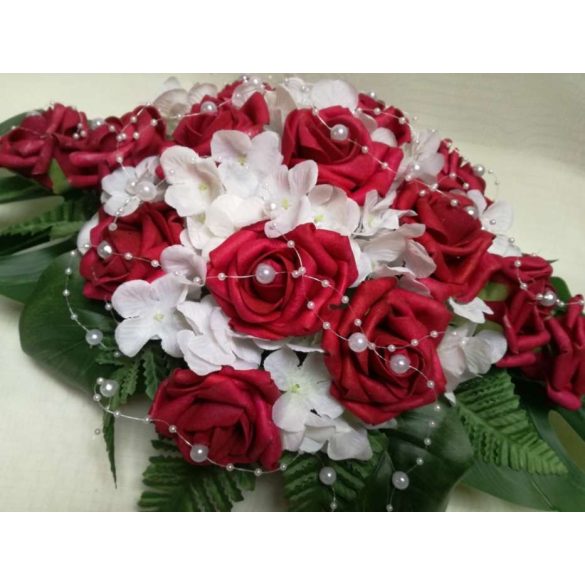 Bordó rózsás-fehér hortenziás örök-asztaldísz 