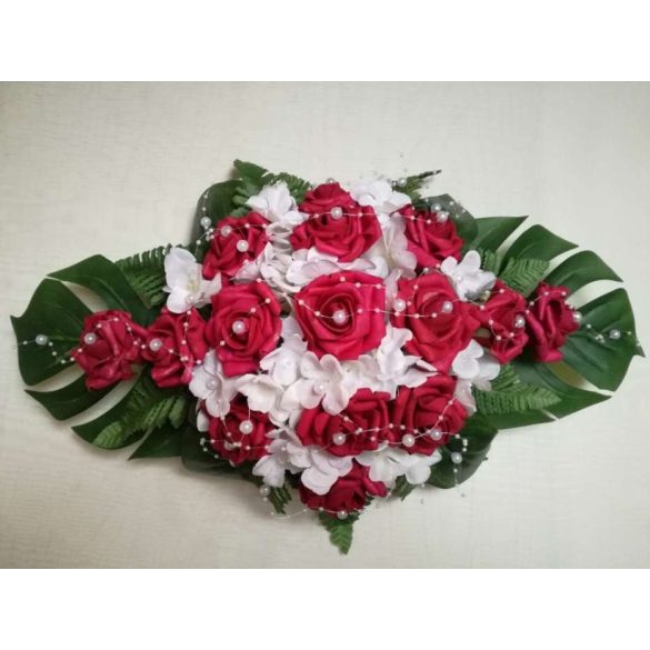 Bordó rózsás-fehér hortenziás örök-asztaldísz 