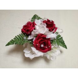 Bordó rózsás-fehér hortenziás örök-asztaldísz 