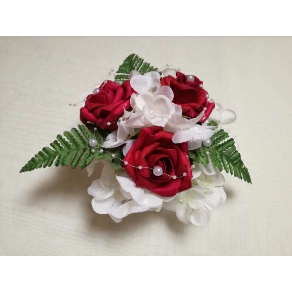 Bordó rózsás-fehér hortenziás örök-asztaldísz 