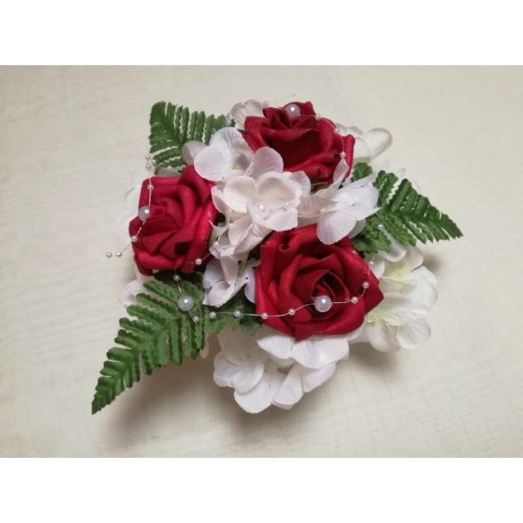 Bordó rózsás-fehér hortenziás örök-asztaldísz 