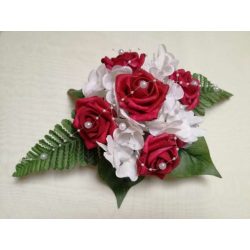 Bordó rózsás-fehér hortenziás örök-asztaldísz 