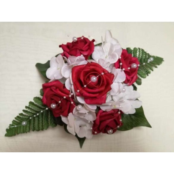 Bordó rózsás-fehér hortenziás örök-asztaldísz 