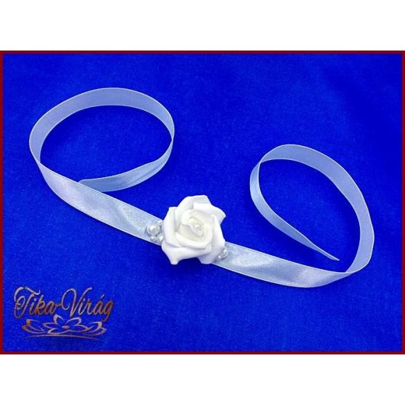 Csuklódísz fehér rózsa-világoskék szalagon 