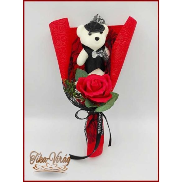 Piros szappan rózsa-fekete macival 