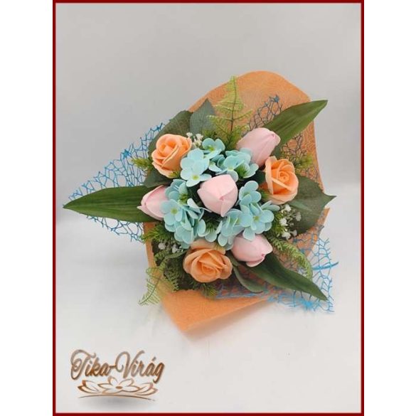 Tulipán-rózsa-hortenzia szappan-virágokból álló csokor 
