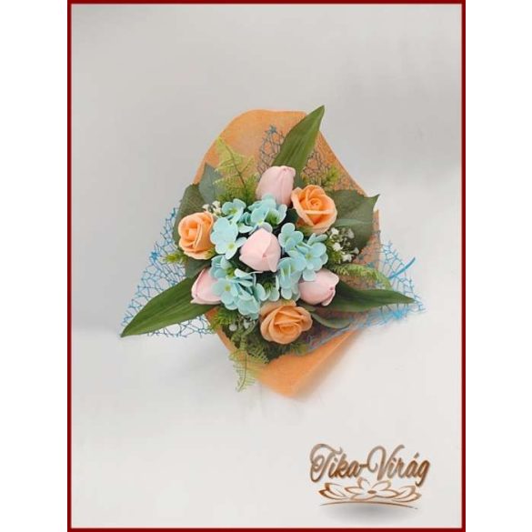 Tulipán-rózsa-hortenzia szappan-virágokból álló csokor 