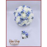 25 szálas fehér rózsa kék rózsás díszítésű örökcsokor kitűzővel 