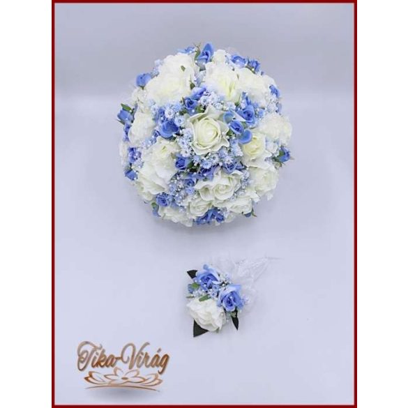 25 szálas fehér rózsa kék rózsás díszítésű örökcsokor kitűzővel 