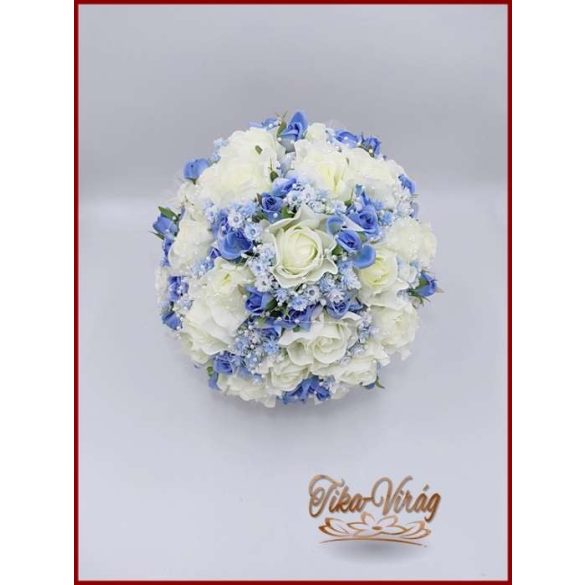 25 szálas fehér rózsa kék rózsás díszítésű örökcsokor kitűzővel 