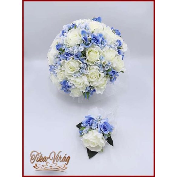 25 szálas fehér rózsa kék rózsás díszítésű örökcsokor kitűzővel 