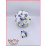 25 szálas fehér rózsa kék rózsás díszítésű örökcsokor kitűzővel 