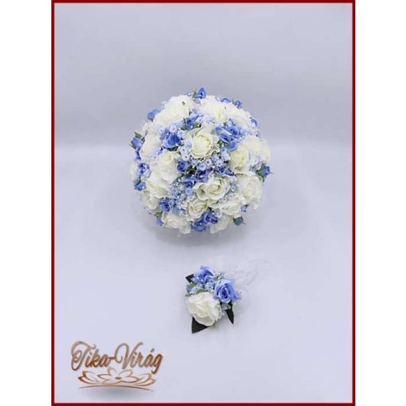 25 szálas fehér rózsa kék rózsás díszítésű örökcsokor kitűzővel 