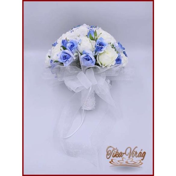 25 szálas fehér rózsa kék rózsás díszítésű örökcsokor kitűzővel 