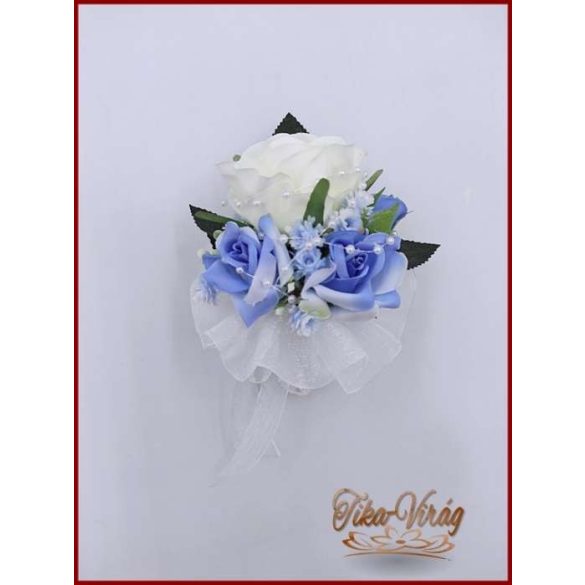25 szálas fehér rózsa kék rózsás díszítésű örökcsokor kitűzővel 