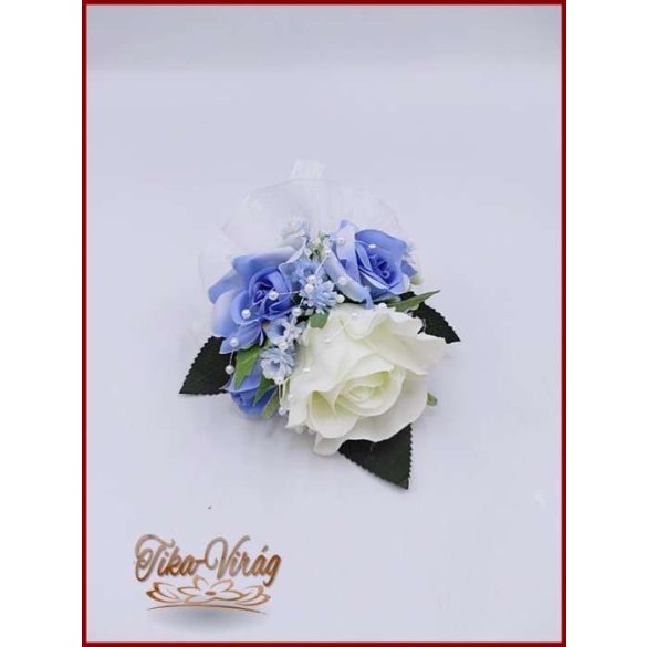 25 szálas fehér rózsa kék rózsás díszítésű örökcsokor kitűzővel 