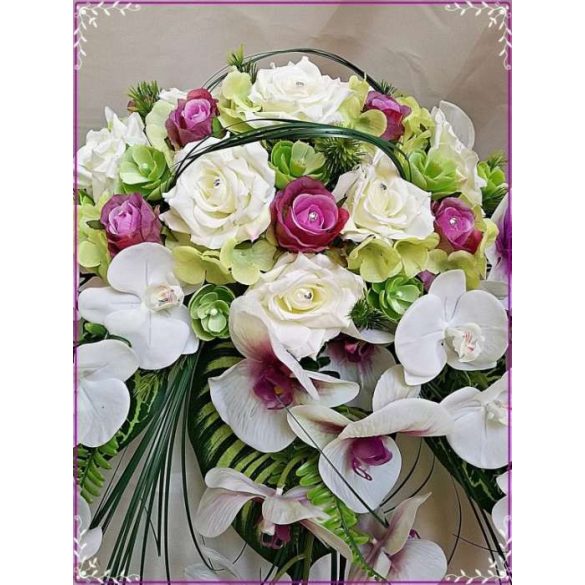 Lila-Fehér Orchideás-Rózsás zöld Hortenziás Örök-asztaldísz 