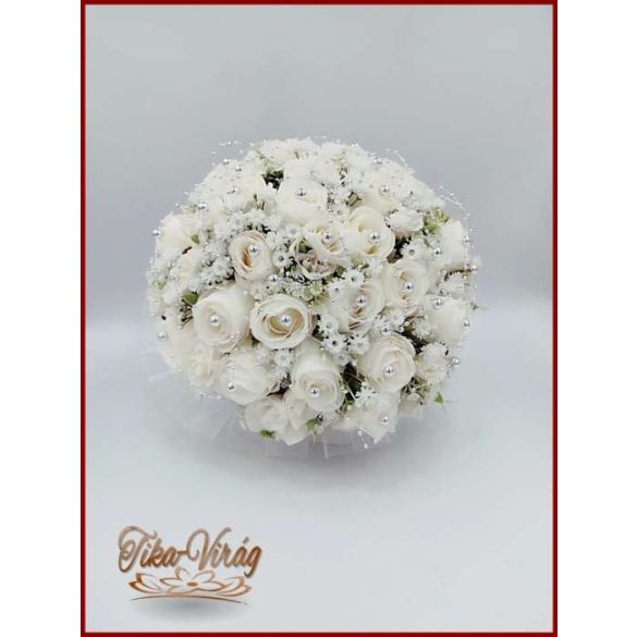 25 szálas fehér rózsás-ezüst díszítésű örök-csokor 